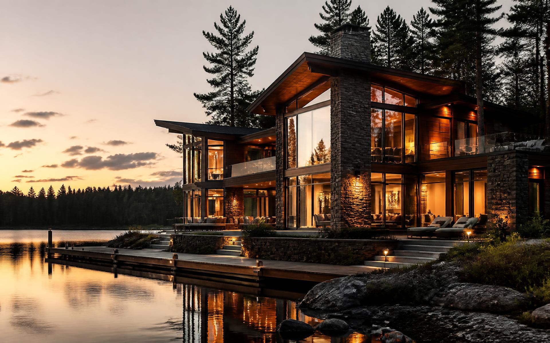 Lake estate at twilight with warm interior lighting and a private dock